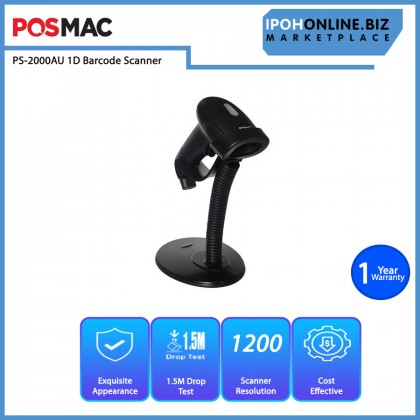 POSMAC PS-2000AU USB Laser 1D Barcode Scanner Auto Scan With Holder