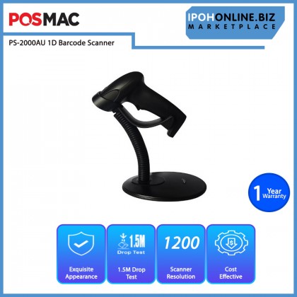 POSMAC PS-2000AU USB Laser 1D Barcode Scanner Auto Scan With Holder