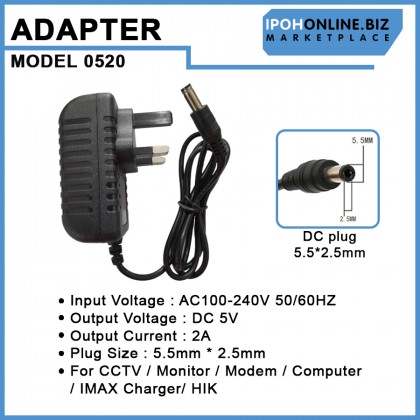 AC/DC UK 3 Pin 100-240V Power Adaptor 5V 2A DC Plug 5.5mm*2.5mm For CCTV / Monitor / Modem / Computer / IMAX Charger / HIK AC/DC UK 3 Pin 100-240V Power Adaptor 5V 2A DC Plug 5.5mm*2.5mm For CCTV / Monitor / Modem / Computer / IMAX Charger / HIK