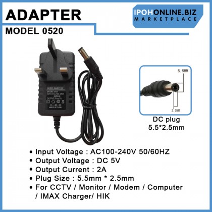 AC/DC UK 3 Pin 100-240V Power Adaptor 5V 2A DC Plug 5.5mm*2.5mm For CCTV / Monitor / Modem / Computer / IMAX Charger / HIK AC/DC UK 3 Pin 100-240V Power Adaptor 5V 2A DC Plug 5.5mm*2.5mm For CCTV / Monitor / Modem / Computer / IMAX Charger / HIK