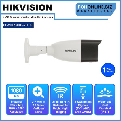 HIKVISION DS-2CE19D0T-VFIT3F 2MP Manual Varifocal Bullet Camera 2.7-13.5MM