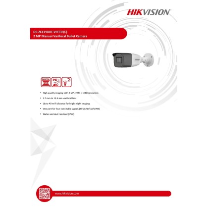 HIKVISION DS-2CE19D0T-VFIT3F 2MP Manual Varifocal Bullet Camera 2.7-13.5MM