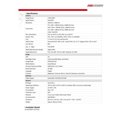 HIKVISION DS-2CE19D0T-VFIT3F 2MP Manual Varifocal Bullet Camera 2.7-13.5MM