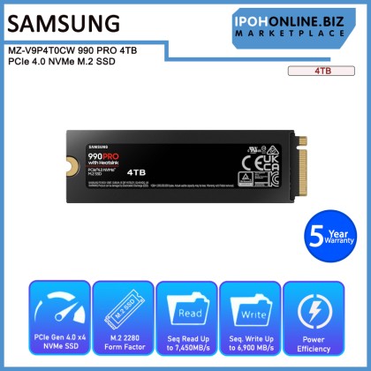 SAMSUNG MZ-V9P4T0CW 990 PRO With Heatsink 4TB PCIe 4.0 NVMe M.2 SSD