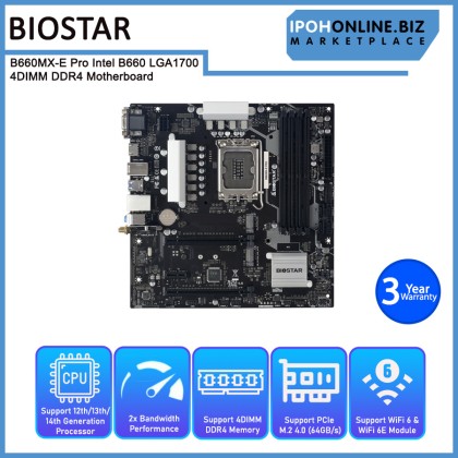 BIOSTAR B660MX-E PRO INTEL B660 LGA1700 M.2 4DIMM DDR4 VGA HDMI DVI 12TH GEN mATX MOTHERBOARD BIOSTAR B660MX-E PRO INTEL B660 LGA1700 M.2 4DIMM DDR4 VGA HDMI DVI 12TH GEN mATX MOTHERBOARD
