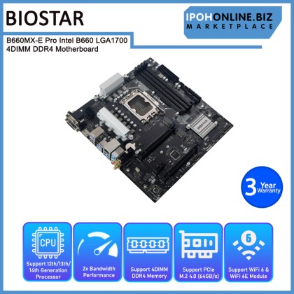 BIOSTAR B660MX-E PRO INTEL B660 LGA1700 M.2 4DIMM DDR4 VGA HDMI DVI 12TH GEN mATX MOTHERBOARD BIOSTAR B660MX-E PRO INTEL B660 LGA1700 M.2 4DIMM DDR4 VGA HDMI DVI 12TH GEN mATX MOTHERBOARD