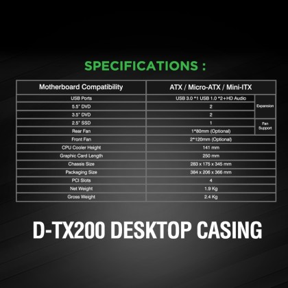 DMES D-TX200 ATX Casing (USB 3.0) with 550w Power Supply