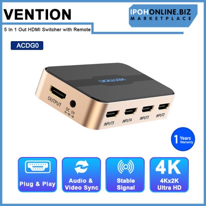 VENTION HDMI Switch 5 In 1 Out HDMI Switcher 4K 2K 1080P 5 Ports HDMI Hub Adapter for TV Projector