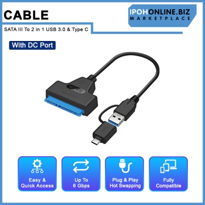 SATA To 2 in 1 USB 3.0 & Type C With DC Port Cable for 2.5-inch External HDD SSD Hard Drive