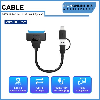 SATA To 2 in 1 USB 3.0 & Type C With DC Port Cable for 2.5-inch External HDD SSD Hard Drive