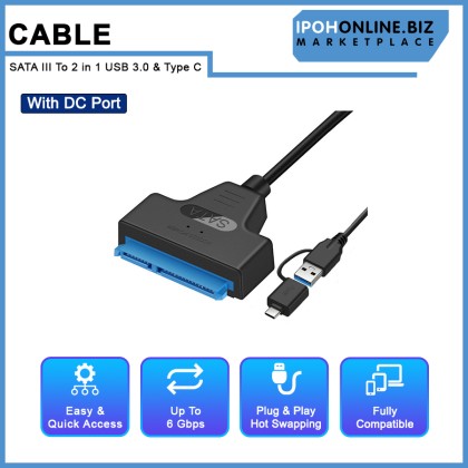SATA To 2 in 1 USB 3.0 & Type C With DC Port Cable for 2.5-inch External HDD SSD Hard Drive