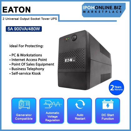 EATON 5A 900VA 480W 2 Universal Output Socket Tower BACKUP BATTERY UPS AVR