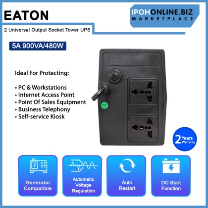 EATON 5A 900VA 480W 2 Universal Output Socket Tower BACKUP BATTERY UPS AVR