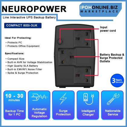 NEUROPOWER COMPACT 800i-3UK 800VA LINE INTERACTIVE UPS Backup Battery Build-In AVR