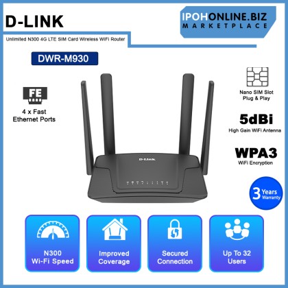 D-LINK DWR-M930 Unlimited Plan Supported N300 4G LTE SIM Card Wireless N300 Modem WiFi Router