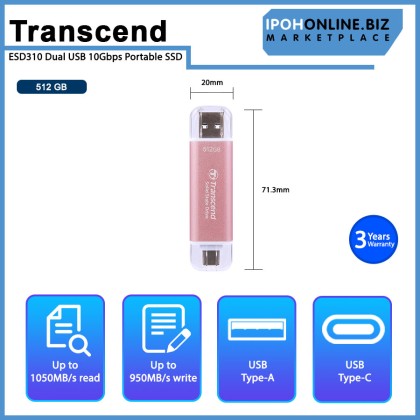 Transcend ESD310P Pink 512GB USB3.1 Gen2 Portable SSD with Type-C & Type-A Connection
