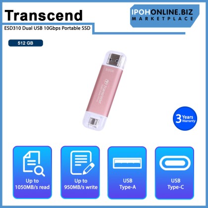 Transcend ESD310P Pink 512GB USB3.1 Gen2 Portable SSD with Type-C & Type-A Connection