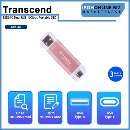 Transcend ESD310P Pink 512GB USB3.1 Gen2 Portable SSD with Type-C & Type-A Connection