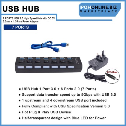 USB 7 Port 3.0 HUB With 3.5mm x 1.35mm DC 5V Power Adapter