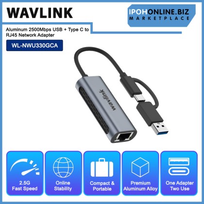 Wavlink Aluminum 2500Mbps USB + Type C to RJ45 Network Adapter