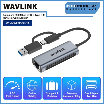 Wavlink Aluminum 2500Mbps USB + Type C to RJ45 Network Adapter