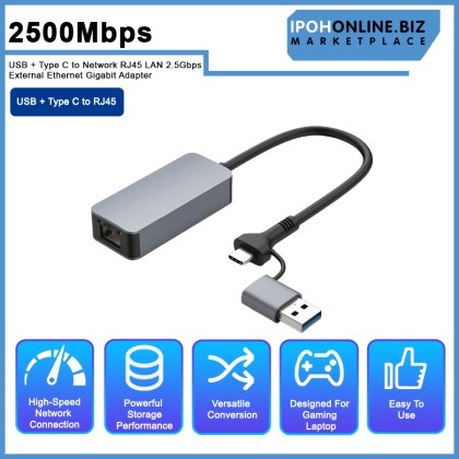 2500Mbps USB + Type C to Network RJ45 LAN 2.5Gbps External Ethernet Gigabit Adapter