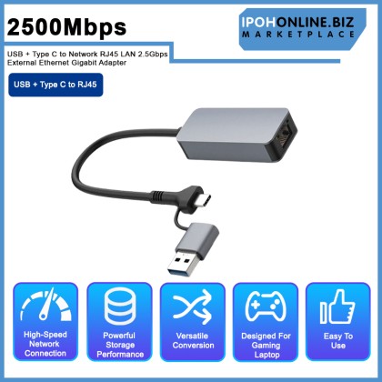2500Mbps USB + Type C to Network RJ45 LAN 2.5Gbps External Ethernet Gigabit Adapter