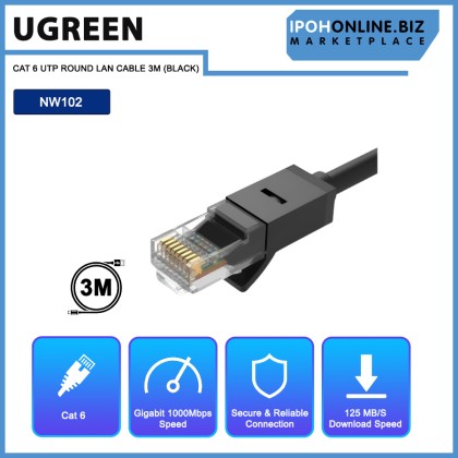 UGREEN CAT 6 UTP ROUND LAN CABLE 3M (BLACK)
