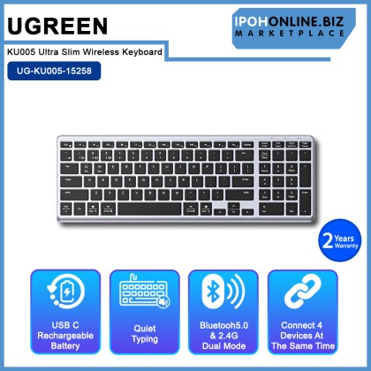 UGREEN KU005 Ultra Slim Wireless Keyboard Bluetooth 5.0 & 2.4G 99 Keys Rechargeable Silent Click for PC Laptop