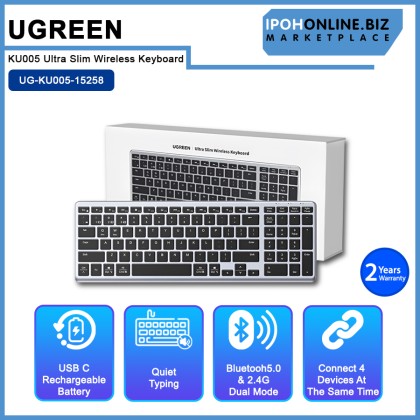 UGREEN KU005 Ultra Slim Wireless Keyboard Bluetooth 5.0 & 2.4G 99 Keys Rechargeable Silent Click for PC Laptop