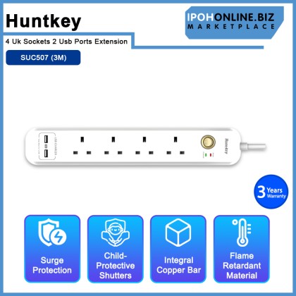 Huntkey SUC507 4 Uk Sockets 2 Usb Ports Extension (3M) Huntkey SUC507 4 Uk Sockets 2 Usb Ports Extension (3M)