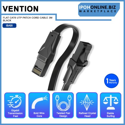 VENTION FLAT CAT6 UTP PATCH CORD CABLE 3M BLACK VENTION FLAT CAT6 UTP PATCH CORD CABLE 3M BLACK