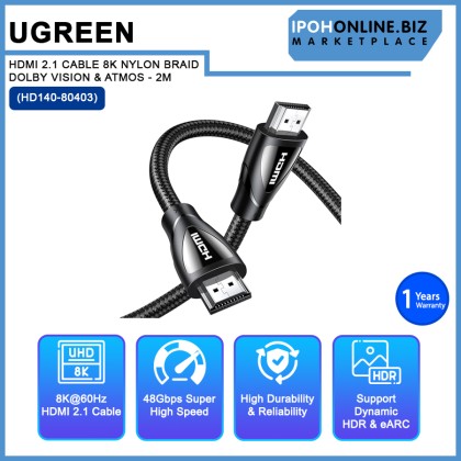 UGREEN HDMI 2.1 CABLE 8K NYLON BRAID DOLBY VISION & ATMOS (HD140-80403) - 2M