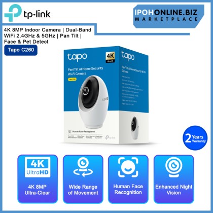 TP-Link Tapo C260 4K 8MP Indoor Camera | Dual-Band WiFi 2.4GHz & 5GHz | Pan Tilt | Face & Pet Detect TP-Link Tapo C260 4K 8MP Indoor Camera | Dual-Band WiFi 2.4GHz & 5GHz | Pan Tilt | Face & Pet Detect