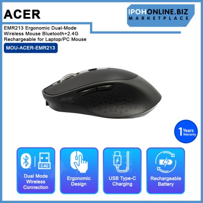 ACER EMR213 Ergonomic Dual-Mode Wireless Mouse Bluetooth+2.4G Rechargeable for Laptop/PC Mouse