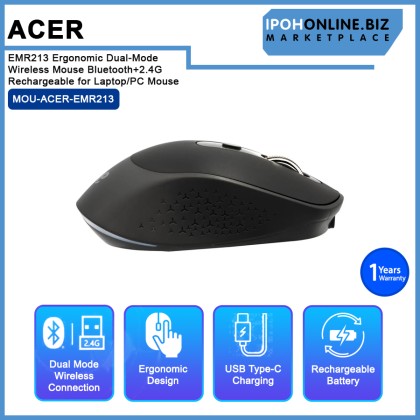 ACER EMR213 Ergonomic Dual-Mode Wireless Mouse Bluetooth+2.4G Rechargeable for Laptop/PC Mouse