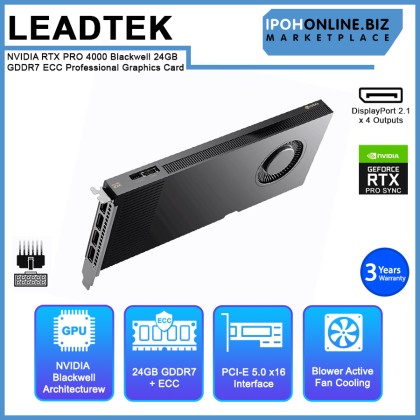 LEADTEK NVIDIA RTX PRO 4000 Blackwell 24GB GDDR7 ECC Professional Graphics Card LEADTEK NVIDIA RTX PRO 4000 Blackwell 24GB GDDR7 ECC Professional Graphics Card