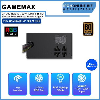 GAMEMAX VP-700-RGB-M 700W 12mm Fan 80+ Bronze Semi Modular Power Supply