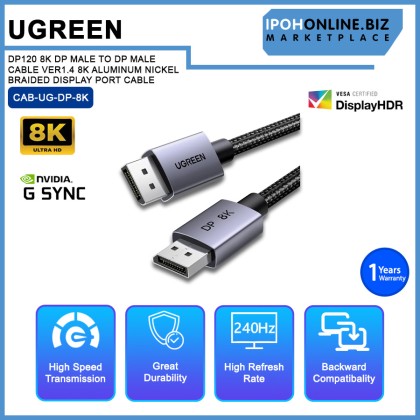 UGREEN DP120 8K DP MALE TO DP MALE CABLE VER1.4 8K ALUMINUM NICKEL BRAIDED DISPLAY PORT CABLE-2M/3M