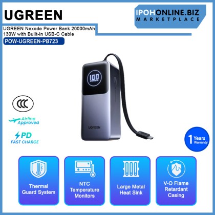 UGREEN Nexode Power Bank 20000mAh 130W with Built-in USB-C Cable Laptop Travel Charger PowerBank