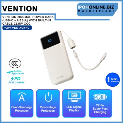 VENTION 20000MAH POWER BANK (USB-C + USB-A) WITH BUILT-IN CABLE 22.5W CCC Cert LED DISPLAY TYPE VENTION 20000MAH POWER BANK (USB-C + USB-A) WITH BUILT-IN CABLE 22.5W CCC Cert LED DISPLAY TYPE