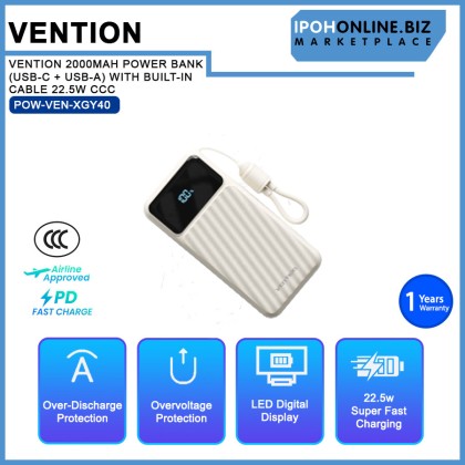 VENTION 20000MAH POWER BANK (USB-C + USB-A) WITH BUILT-IN CABLE 22.5W CCC Cert LED DISPLAY TYPE VENTION 20000MAH POWER BANK (USB-C + USB-A) WITH BUILT-IN CABLE 22.5W CCC Cert LED DISPLAY TYPE