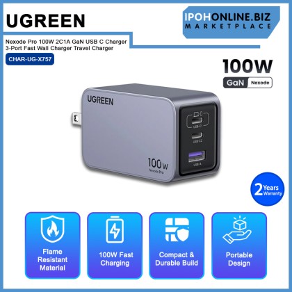 UGREEN Nexode Pro 100W 2C1A GaN USB C Charger 3-Port Fast Wall Charger Travel Charger