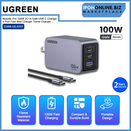 UGREEN Nexode Pro 100W 2C1A GaN USB C Charger 3-Port Fast Wall Charger Travel Charger