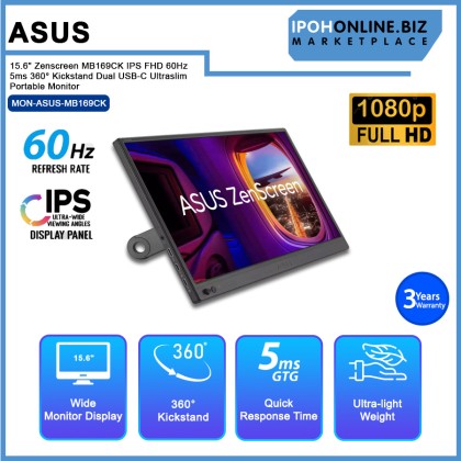 Asus 15.6" Zenscreen MB169CK IPS FHD 60Hz 5ms 360° Kickstand Dual USB-C Ultraslim Portable Monitor Asus 15.6" Zenscreen MB169CK IPS FHD 60Hz 5ms 360° Kickstand Dual USB-C Ultraslim Portable Monitor