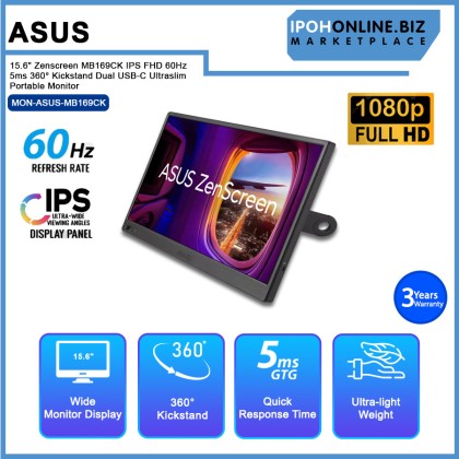 Asus 15.6" Zenscreen MB169CK IPS FHD 60Hz 5ms 360° Kickstand Dual USB-C Ultraslim Portable Monitor Asus 15.6" Zenscreen MB169CK IPS FHD 60Hz 5ms 360° Kickstand Dual USB-C Ultraslim Portable Monitor
