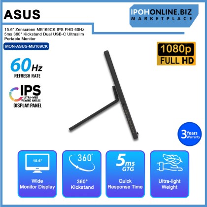Asus 15.6" Zenscreen MB169CK IPS FHD 60Hz 5ms 360° Kickstand Dual USB-C Ultraslim Portable Monitor Asus 15.6" Zenscreen MB169CK IPS FHD 60Hz 5ms 360° Kickstand Dual USB-C Ultraslim Portable Monitor