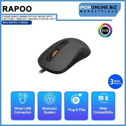 RAPOO V16RGB WIRED GAMING OPTICAL MOUSE WITH 5 BUTTONS / 12800 DPI / RGB MULTI-COLOR LIGHT / ERGONOM