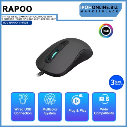 RAPOO V16RGB WIRED GAMING OPTICAL MOUSE WITH 5 BUTTONS / 12800 DPI / RGB MULTI-COLOR LIGHT / ERGONOM