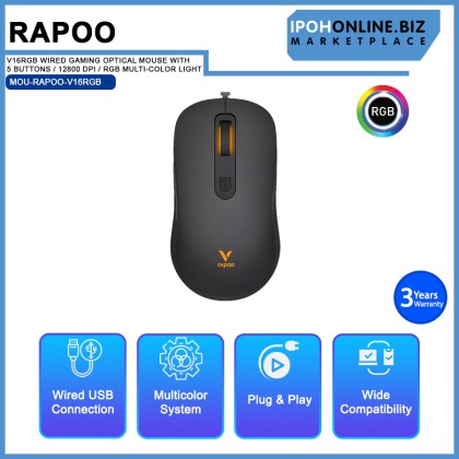 RAPOO V16RGB WIRED GAMING OPTICAL MOUSE WITH 5 BUTTONS / 12800 DPI / RGB MULTI-COLOR LIGHT / ERGONOM